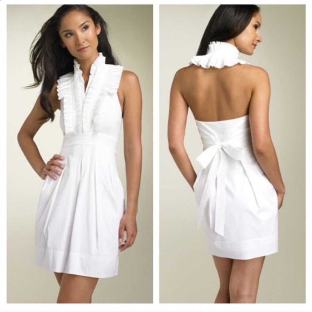 Red BCBGMaxazria Poplin Pleated Ruffle Neck Dress